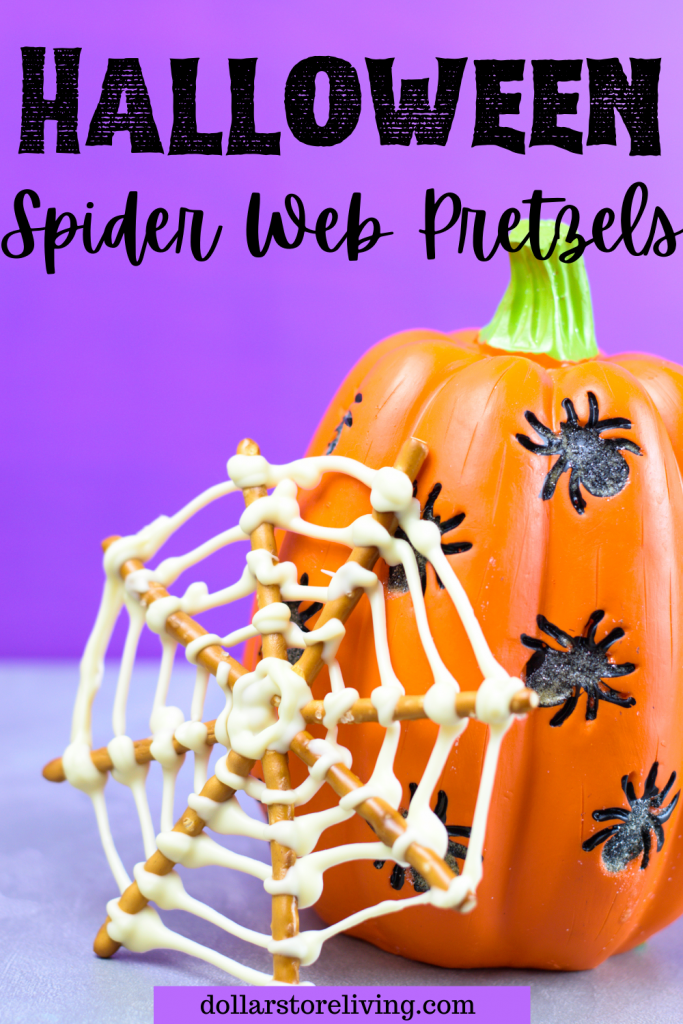 Title image with a spider pumpkin on a purple background with Halloween Spider Web Pretzels