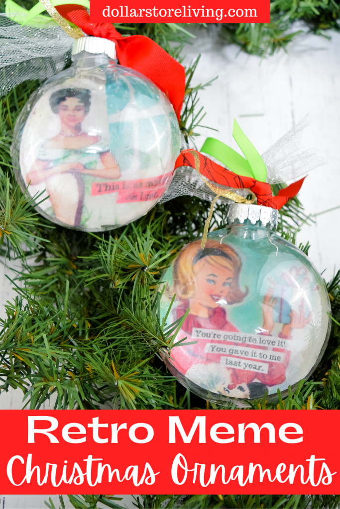 Close up title image with two Retro Meme Christmas Ornaments on a wreath