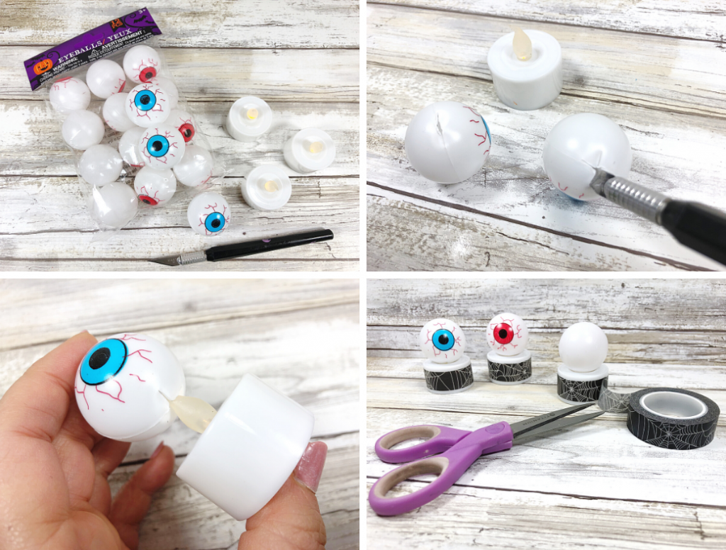Collage of four images to show how to make the for DIY Dollar Store Halloween Monster Eye Votives