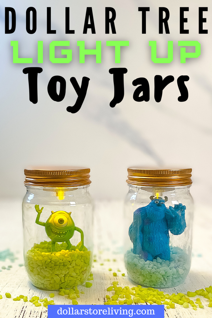 Title image with light up craft jars with Dollar Tree Light Up Toy Jars with Mike and Sully 
