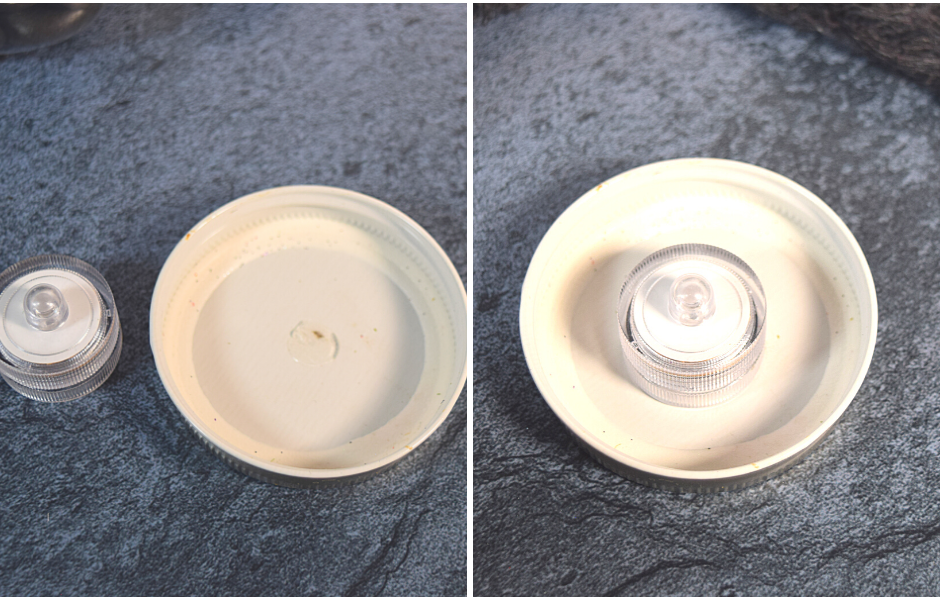 Adding the glue dot and tealight to the inside of the mason jar lid. 