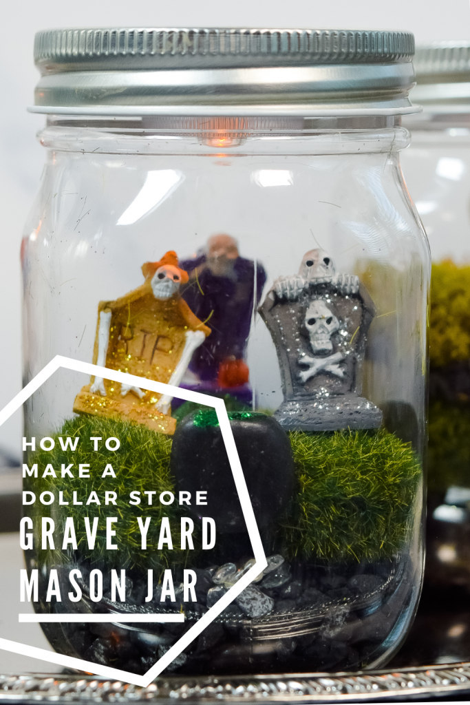Close up title image for the dollar store mason jar graveyard that lights up