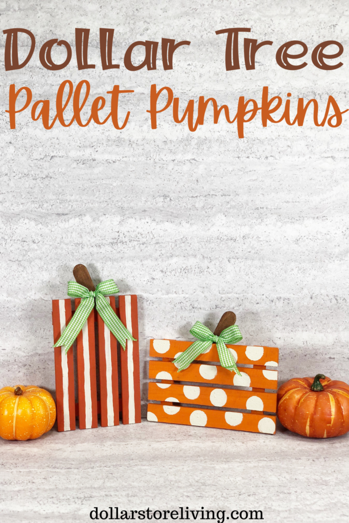 Title image for the Mini Wooden DIY Pumpkins made from Dollar Tree mini pallets painting dark orange and bright orange.  One has stripes. One has polka dots, and there are two fake pumpkins on either side of the pallet pumpkins. 
