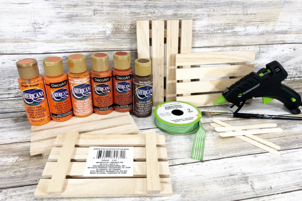 All the supplies needed to make the mini wooden diy pumpkins